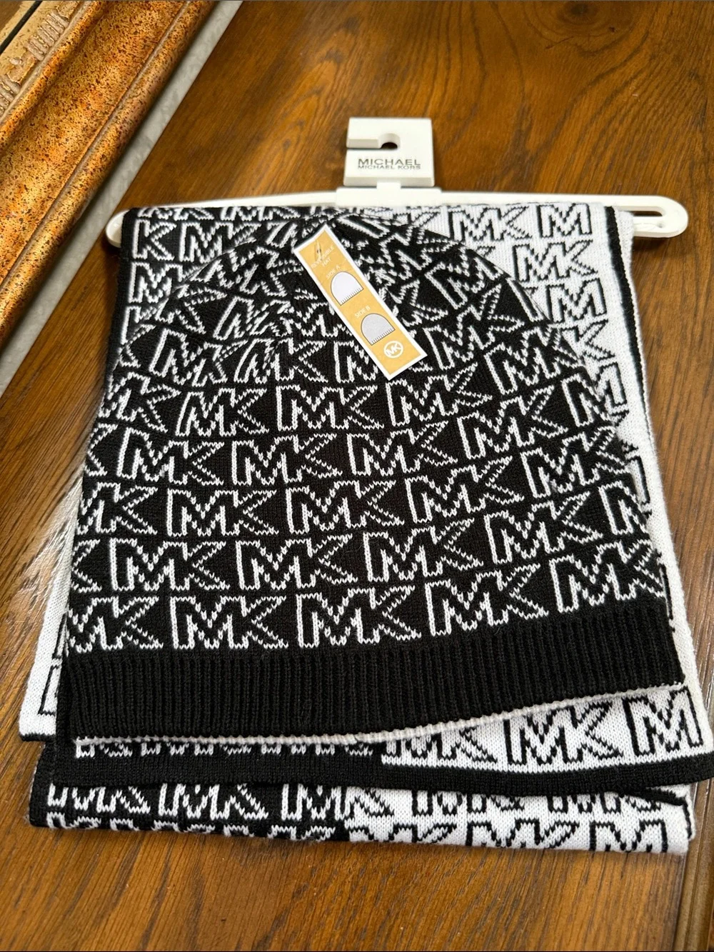 Michael Kors Black & White MK Logo Knit Reversible Beanie and Scarf Set.